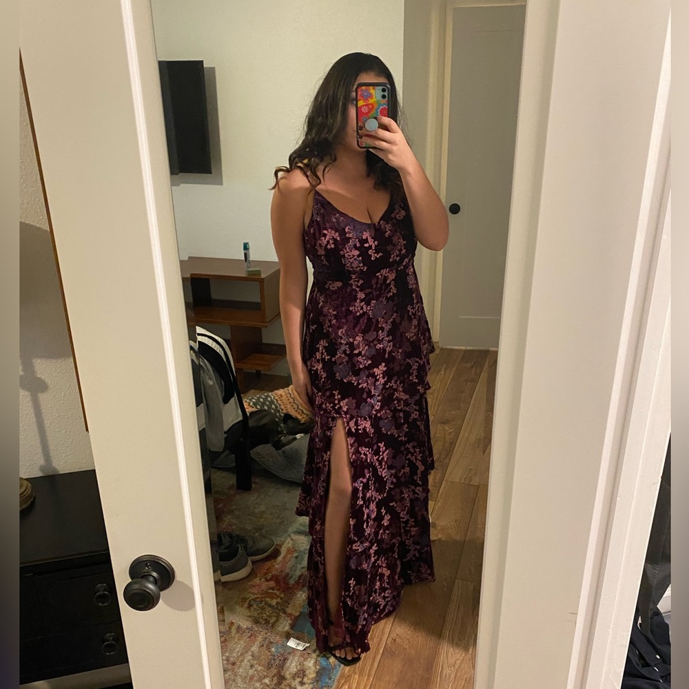 Lulu’s I Love You Amore Plum Purple Floral Velvet Tiered Maxi Dress